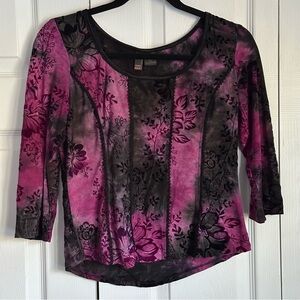 Vtg Y2K Top Womens Petite S Purple Burnout Velvet Floral Whimsigoth Fairy Grunge